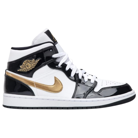 Jordan 1 Mid Patent Black White Gold